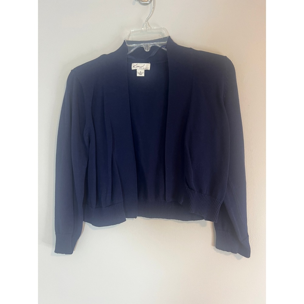 Kim Rogers Navy Blue Open Front Shrug Cardigan Cropped Cotton Sweater Womens M